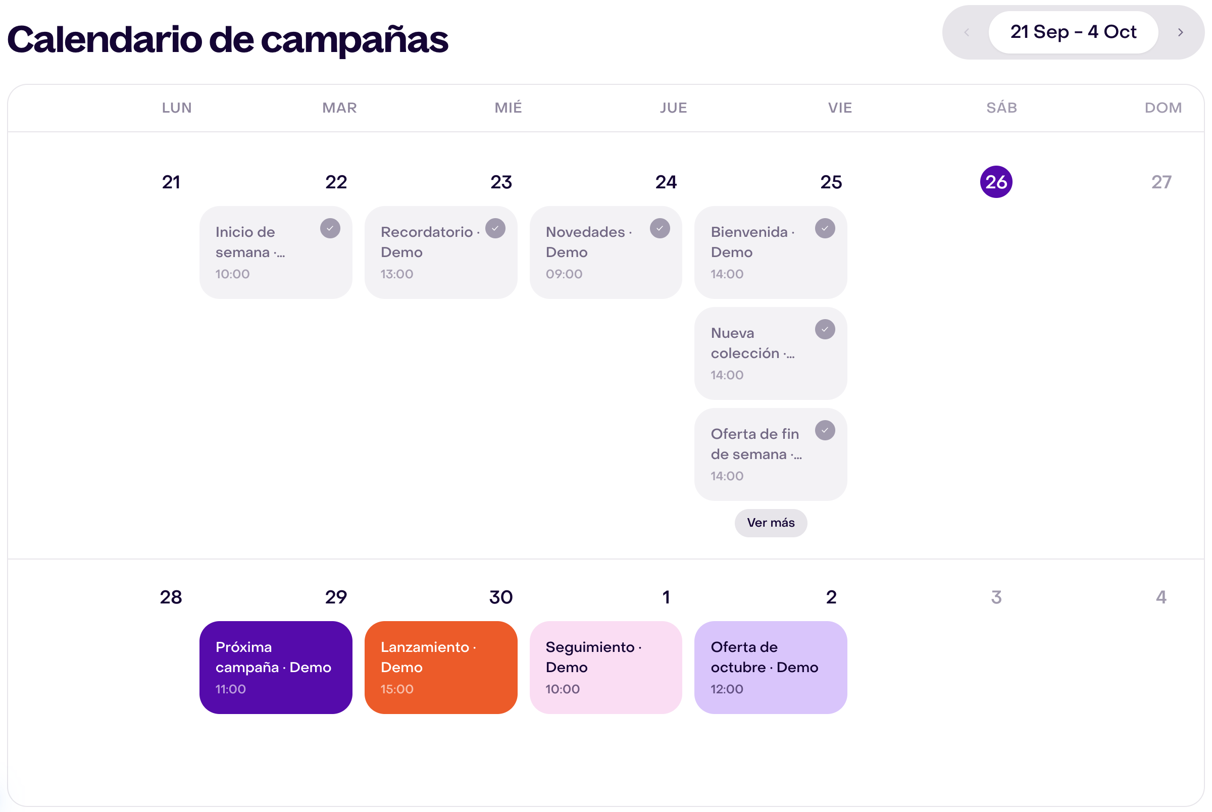 Calendario completo del 21 de septiembre al 4 de octubre: campañas enviadas del 22 al 25 con marcas de verificación y campañas próximas del 29 de septiembre al 2 de octubre en tarjetas de color.