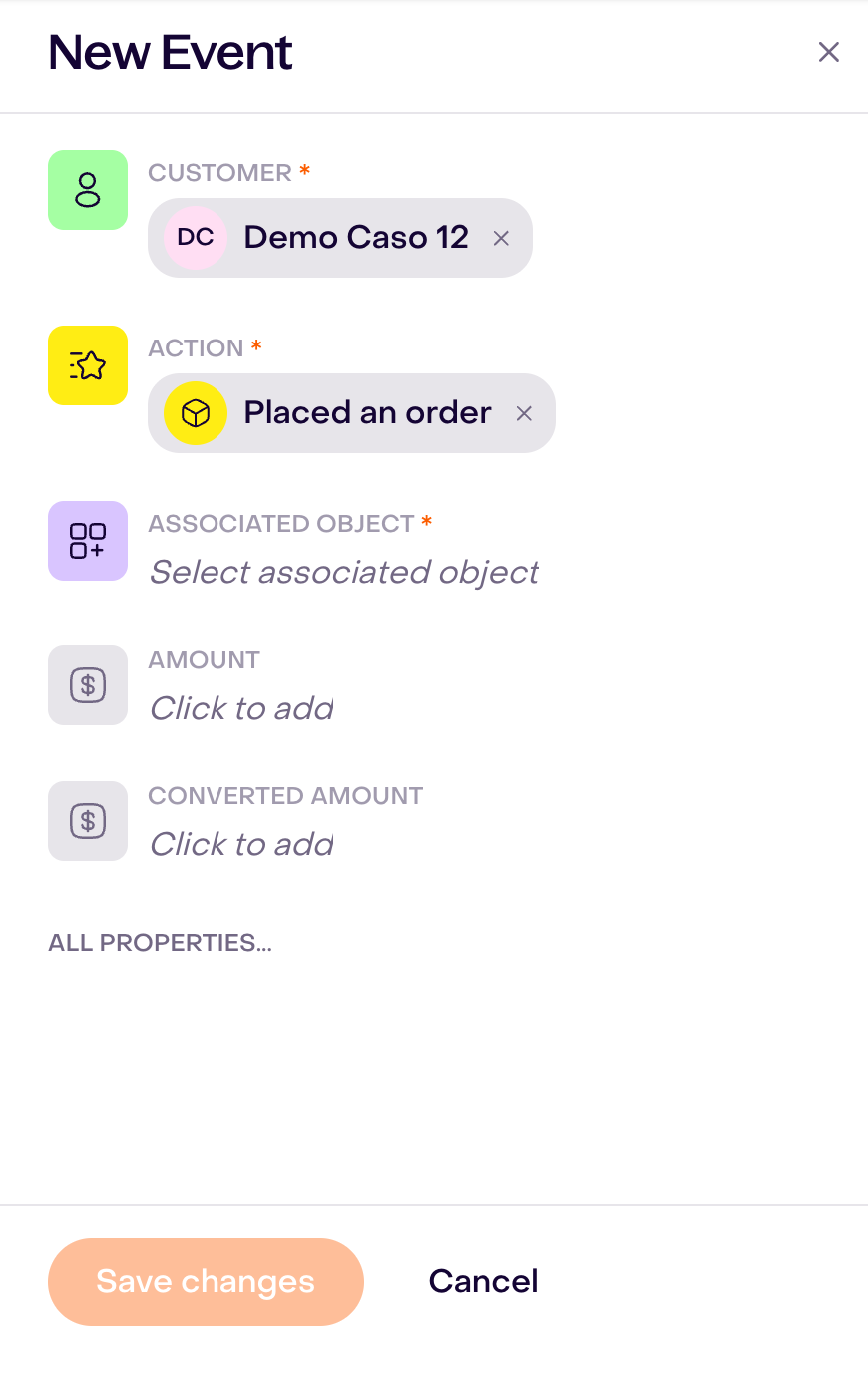 New Event form for Demo Caso 12 with Placed an order selected; Associated object empty and Save changes disabled.
